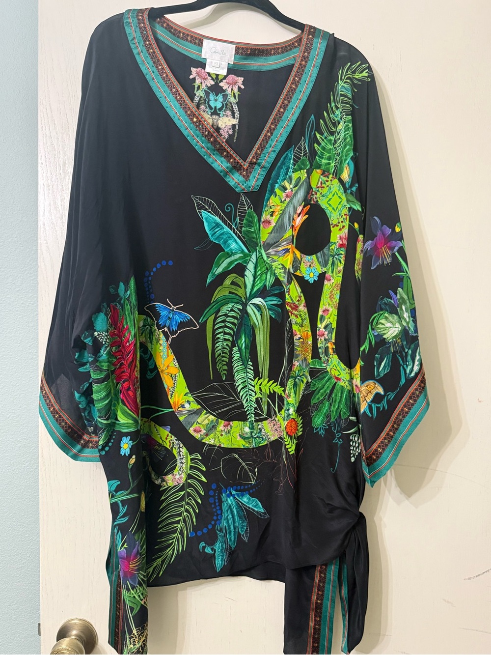 Camilla Black Silk Tunic  Butterfly and tropical Motif New